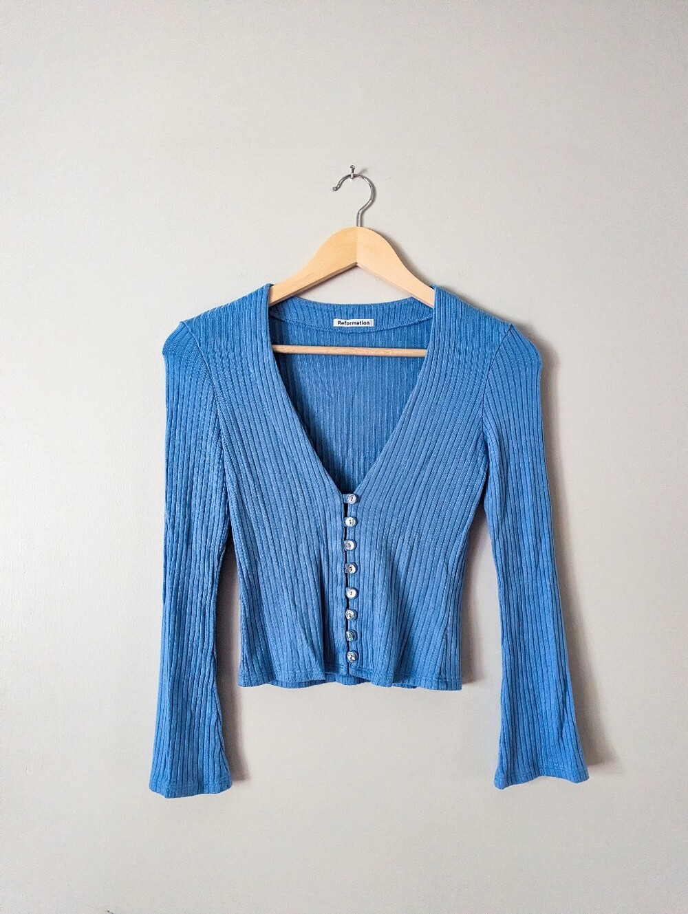 Reformation Ribbed Blue Bell Sleeve Cardigan